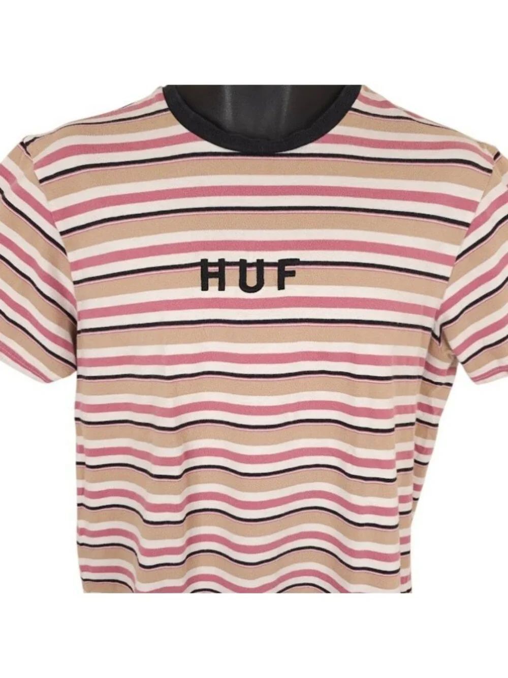 HUF T Shirt Mens Size Medium Beige Pink White Striped Neapolitan Ice Cream